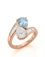 Élan Céleste pear-cut Aquamarine and pear diamond bypass ring setting in rose gold, 45-degree view | SARATTI