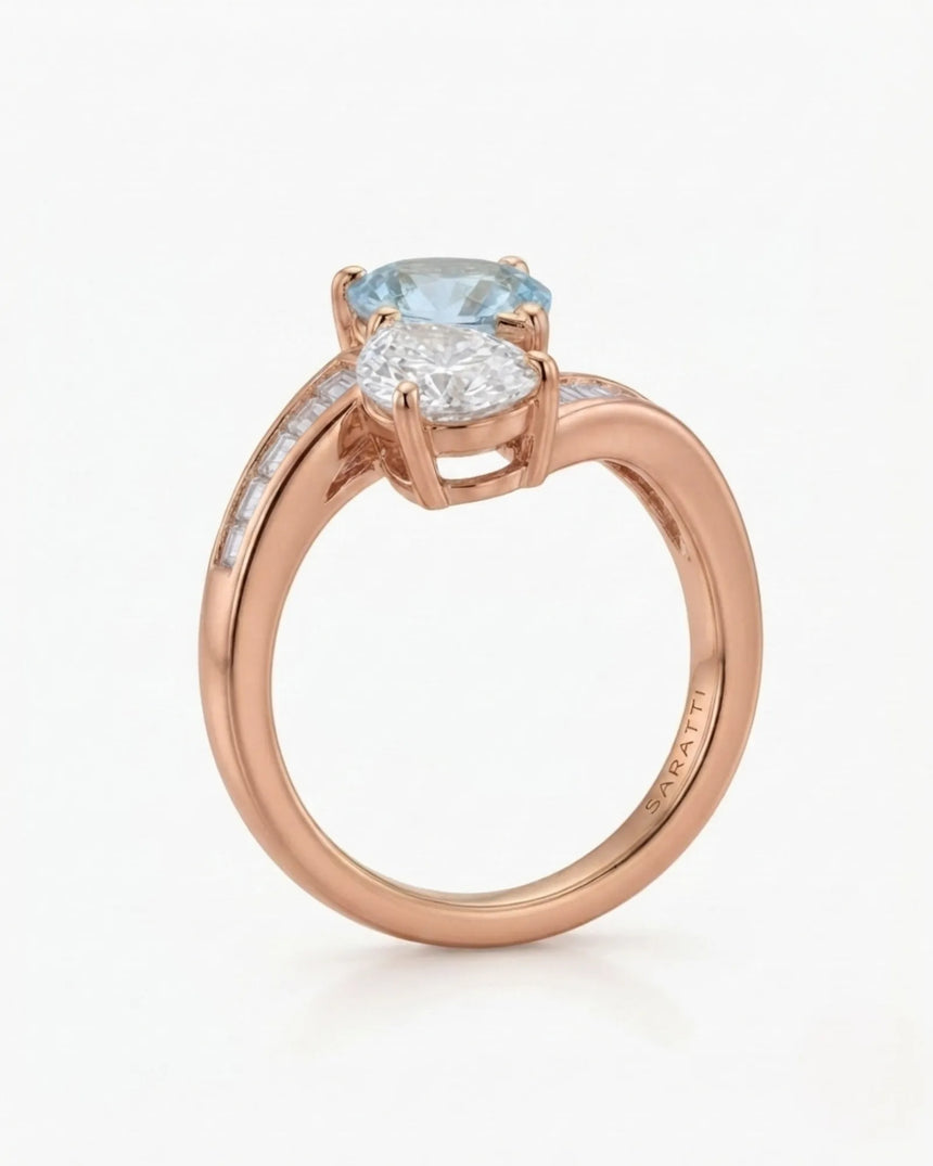 Élan Céleste pear-cut Aquamarine bypass ring setting in rose gold, side profile showing separate open baskets | SARATTI
