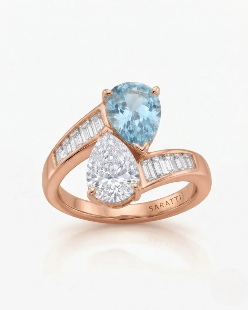 Élan Céleste pear-cut Aquamarine and diamond bypass ring setting in rose gold, top view with tapered baguette shoulders | SARATTI