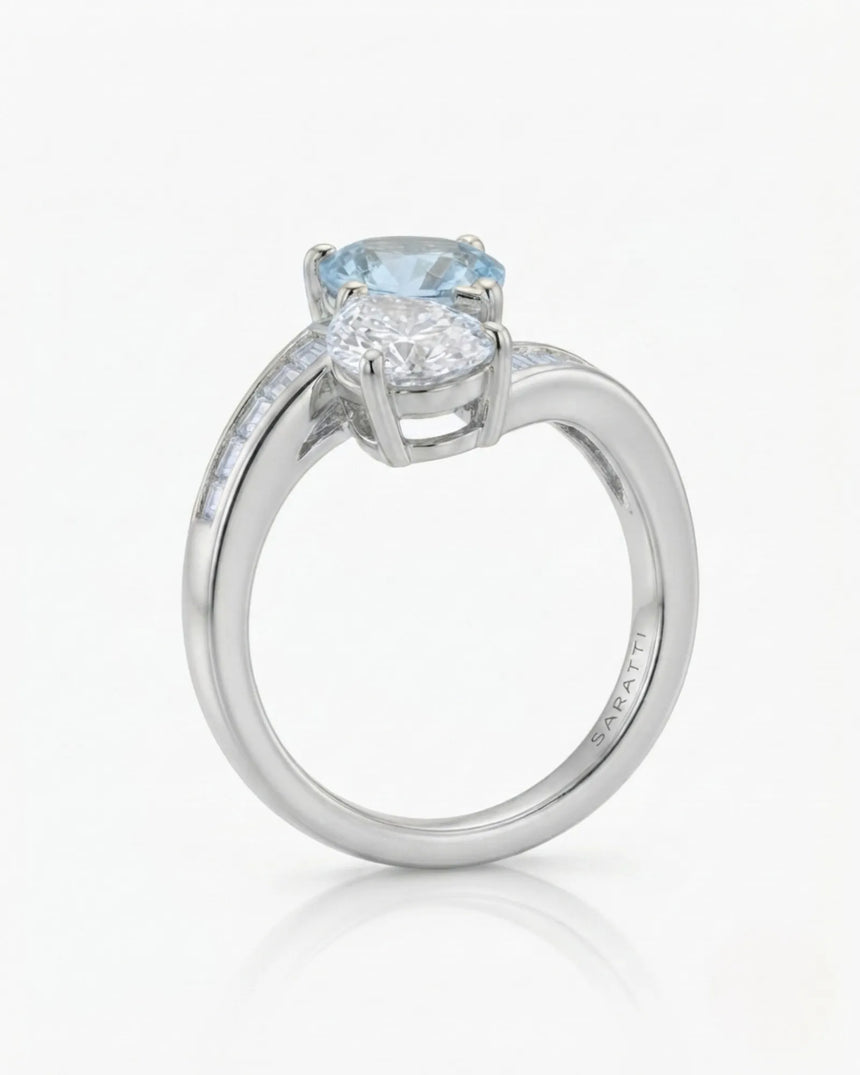 Élan Céleste pear-cut Aquamarine bypass ring setting in white gold, side profile showing separate open baskets | SARATTI