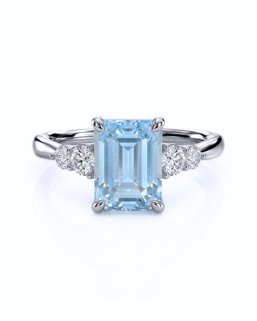 Élané emerald cut Aquamarine diamond accent ring setting in Platinum, front view | SARATTI