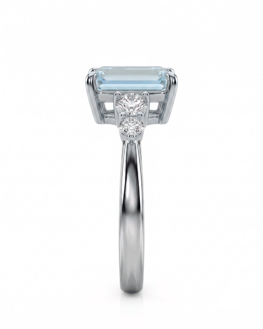 Élané emerald cut Aquamarine diamond accent ring setting in Platinum, side profile | SARATTI