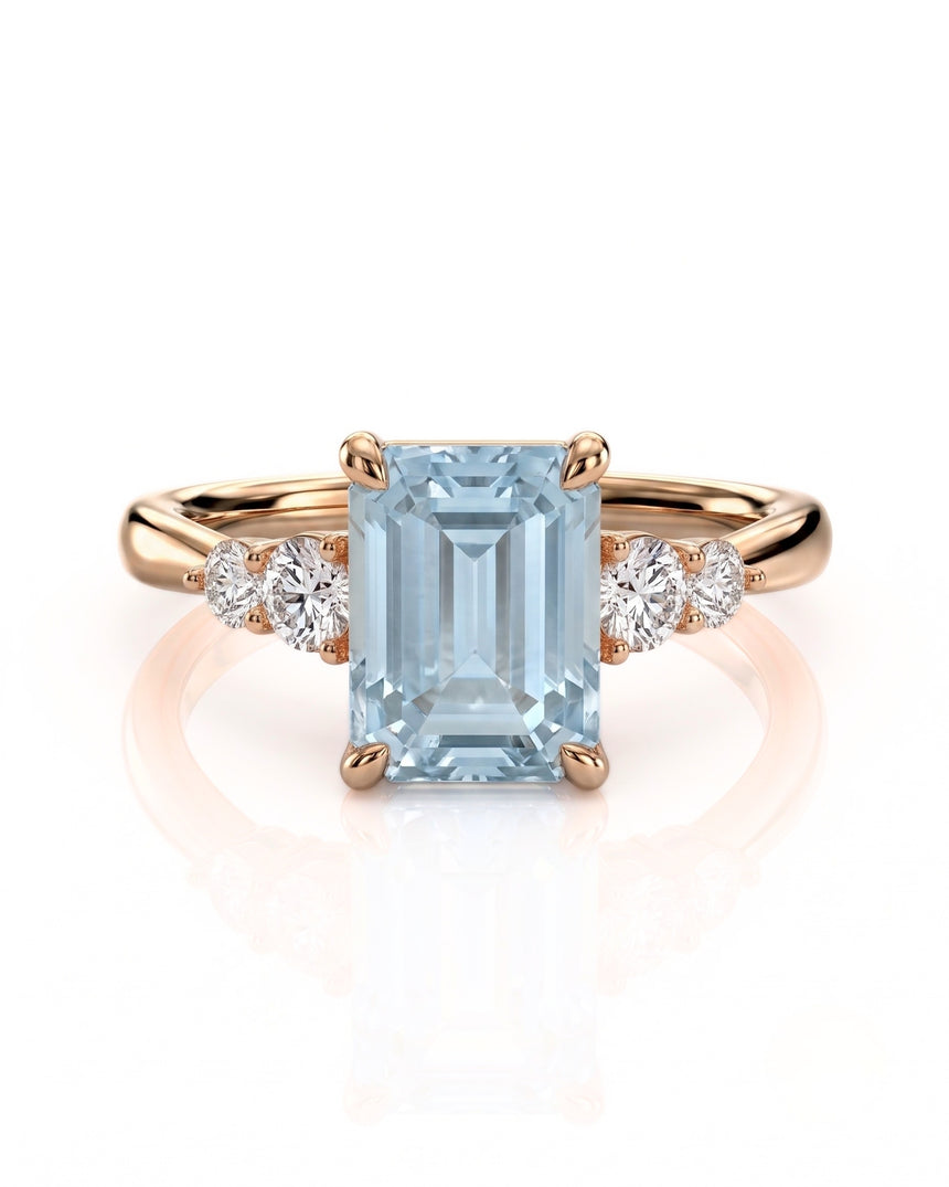 Élané emerald cut Aquamarine diamond accent ring setting in Rose Gold, front view | SARATTI