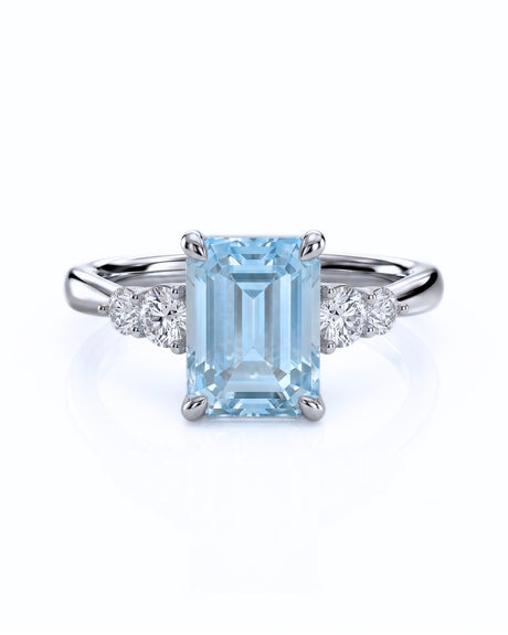 Élané emerald cut Aquamarine diamond accent ring setting in White Gold, front view | SARATTI