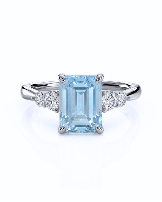 Élané emerald cut Aquamarine diamond accent ring setting in White Gold, front view | SARATTI