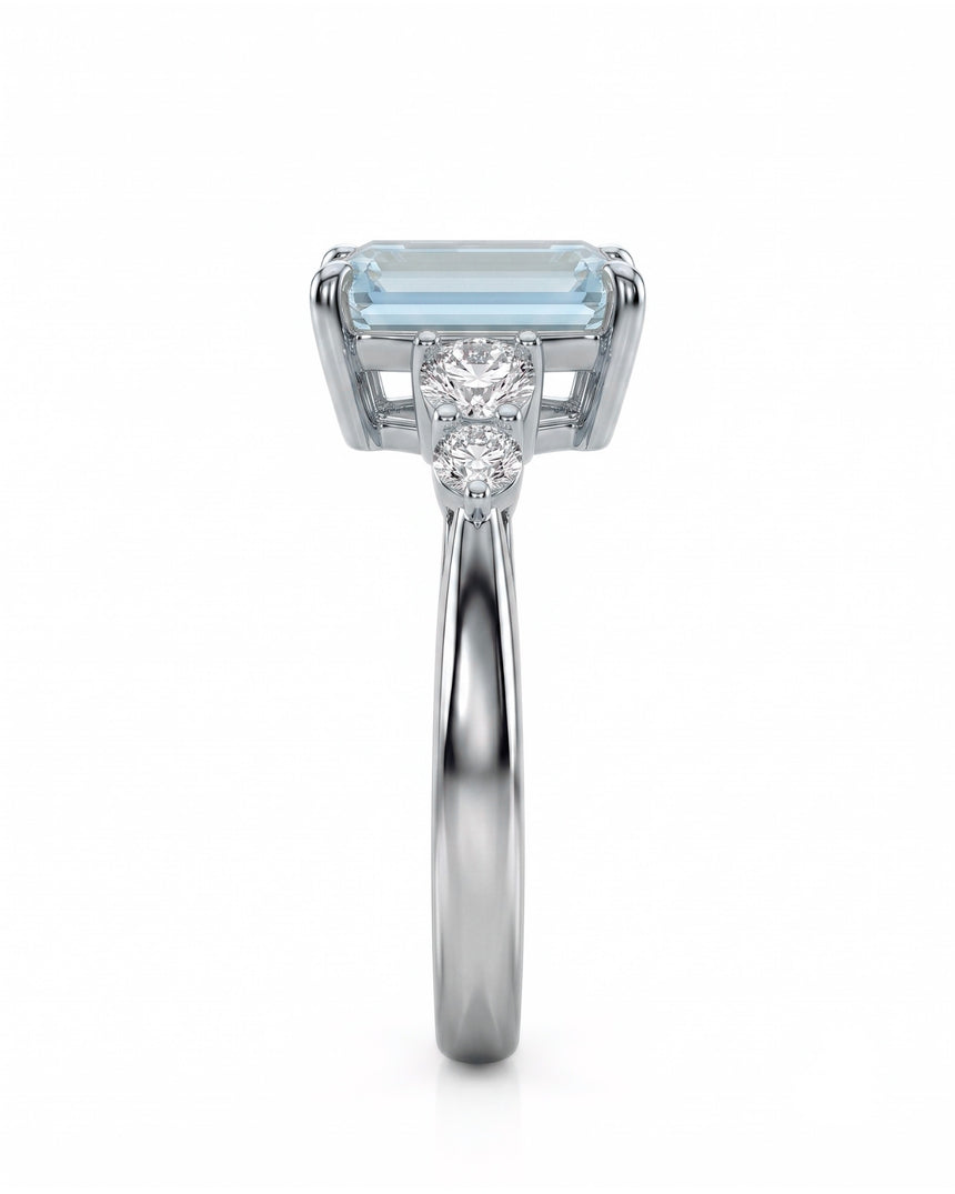 Élané emerald cut Aquamarine diamond accent ring setting in White Gold, side profile | SARATTI