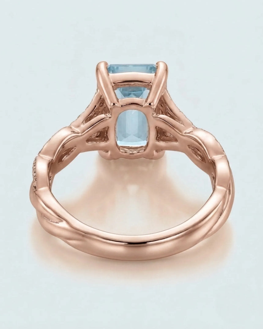 Elane Infinity Emerald Cut Aquamarine Diamond Ring Setting in Rose Gold, front view | SARATTI
