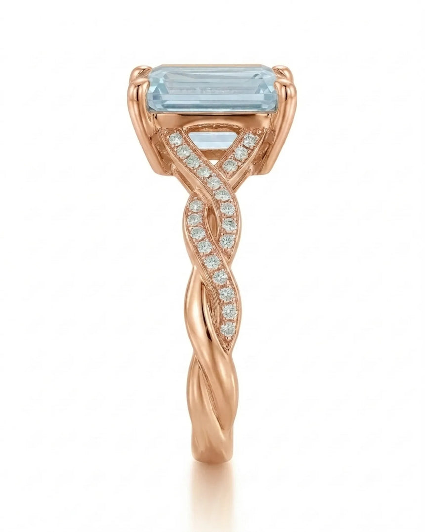 Elane Infinity Emerald Cut Aquamarine Diamond Ring Setting in Rose Gold, rear gallery view | SARATTI
