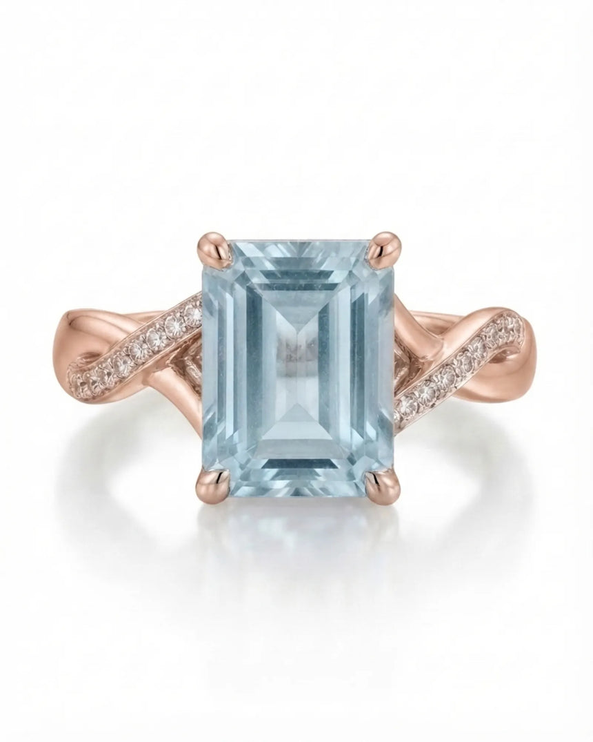 Elane Infinity Emerald Cut Aquamarine Diamond Ring Setting in Rose Gold, side profile | SARATTI