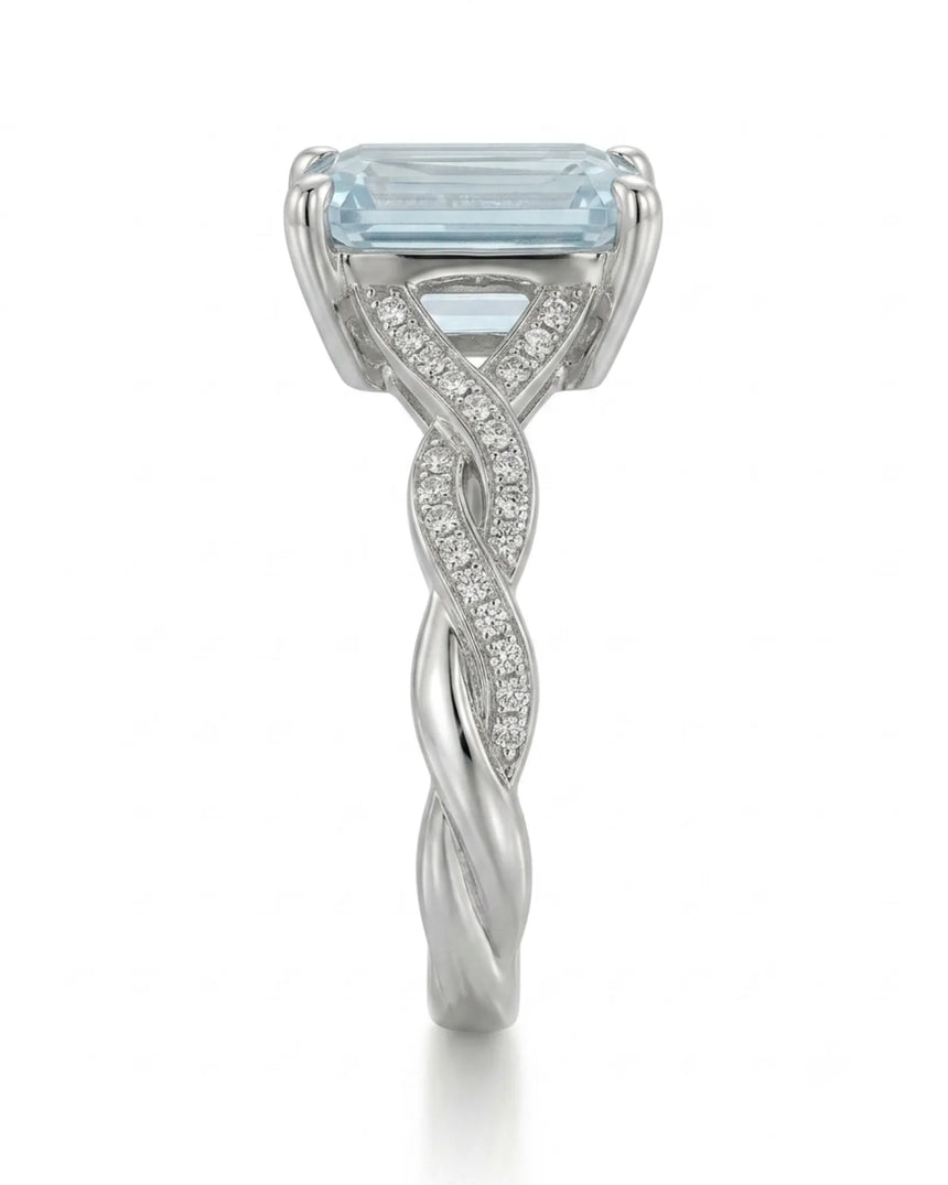 Elane Infinity Emerald Cut Aquamarine Diamond Ring Setting in White Gold, front view | SARATTI