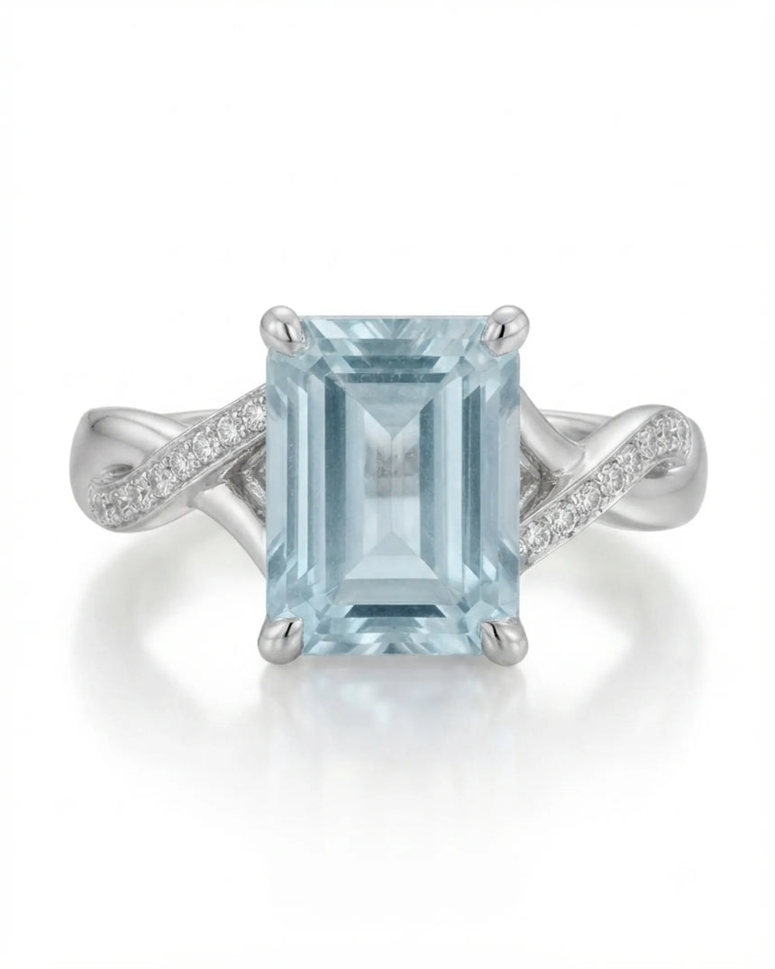 Elane Infinity Emerald Cut Aquamarine Diamond Ring Setting in White Gold, side profile | SARATTI
