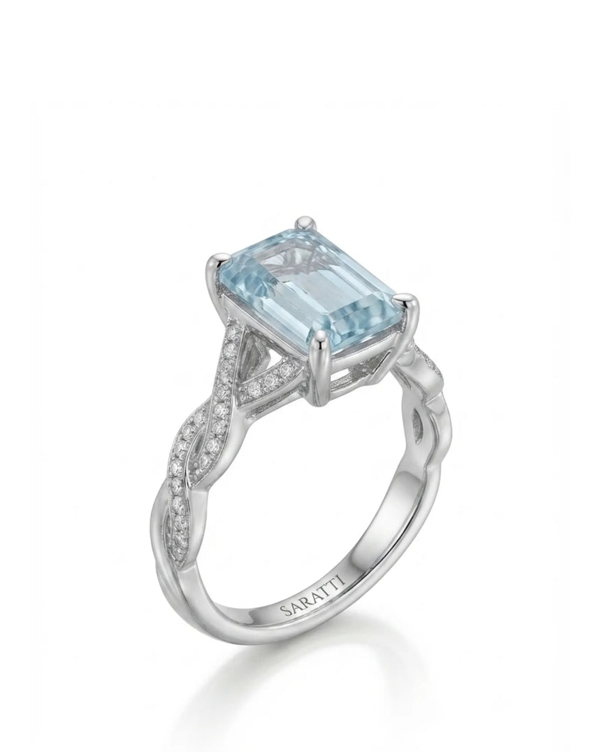 Elane Infinity Emerald Cut Aquamarine Diamond Ring Setting in White Gold, three-quarter view | SARATTI