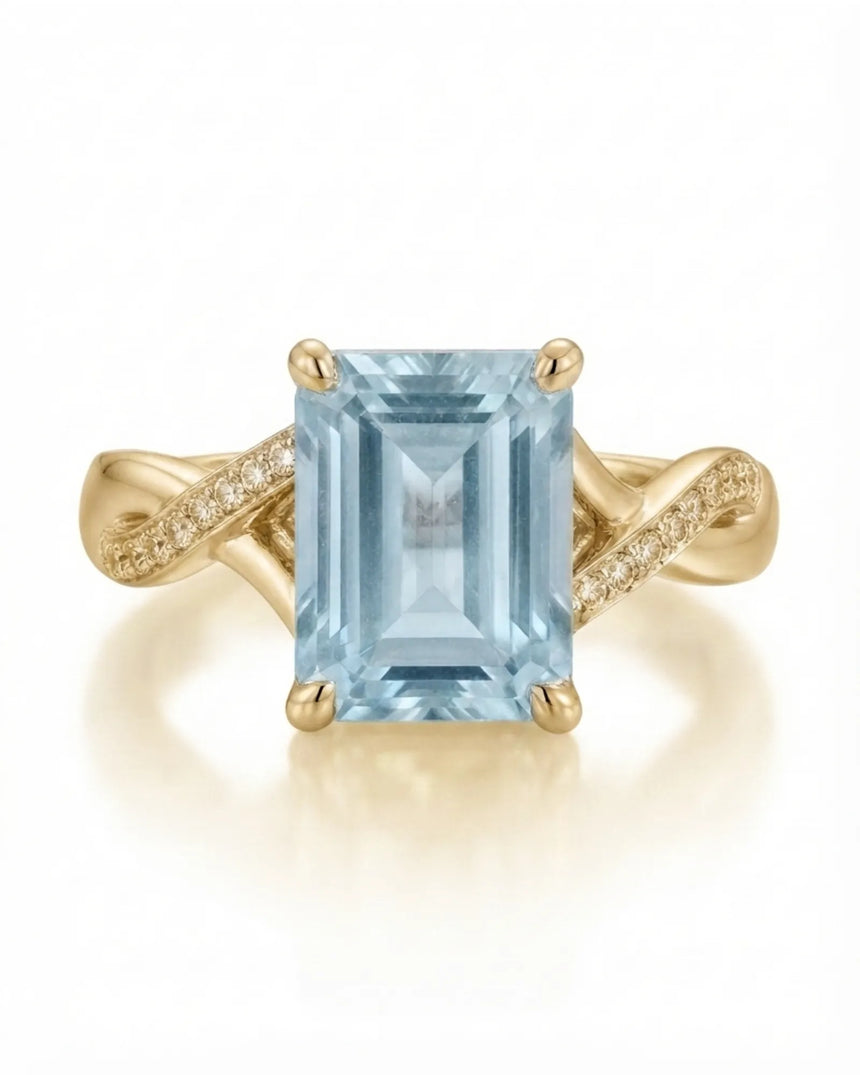 Elane Infinity Emerald Cut Aquamarine Diamond Ring Setting in Yellow Gold, front view | SARATTI