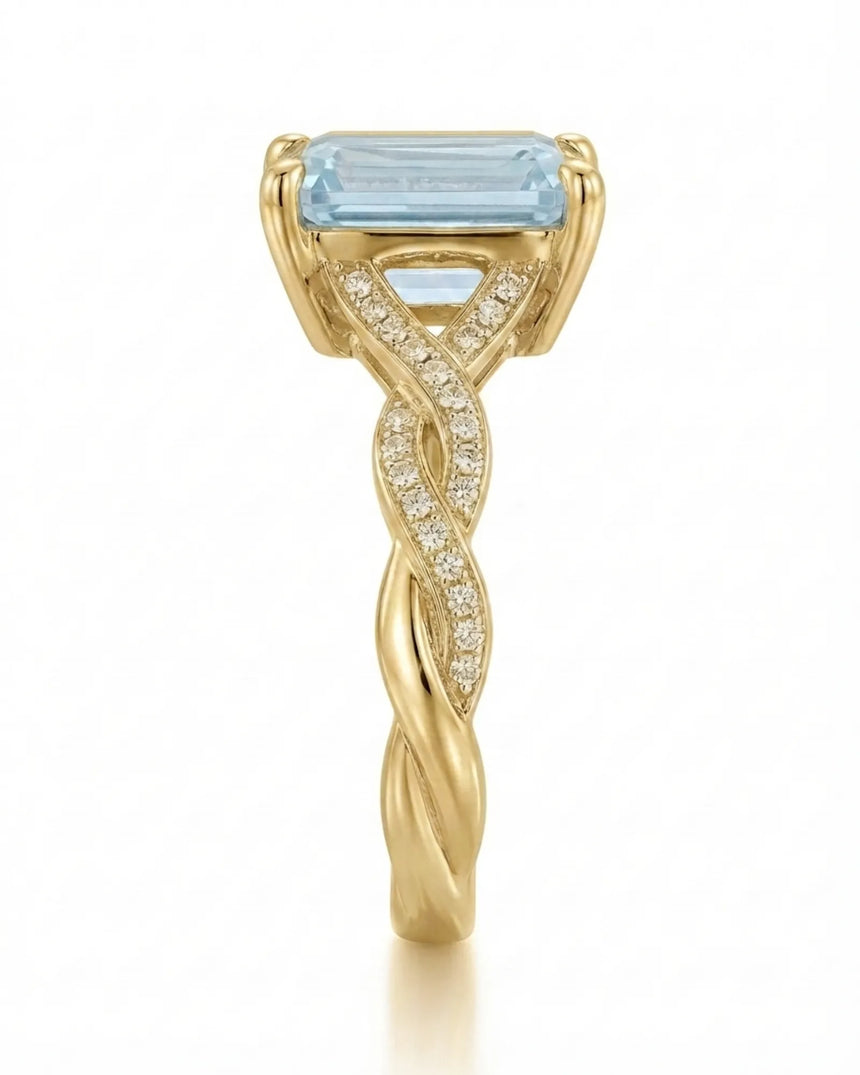 Elane Infinity Emerald Cut Aquamarine Diamond Ring Setting in Yellow Gold, side profile | SARATTI