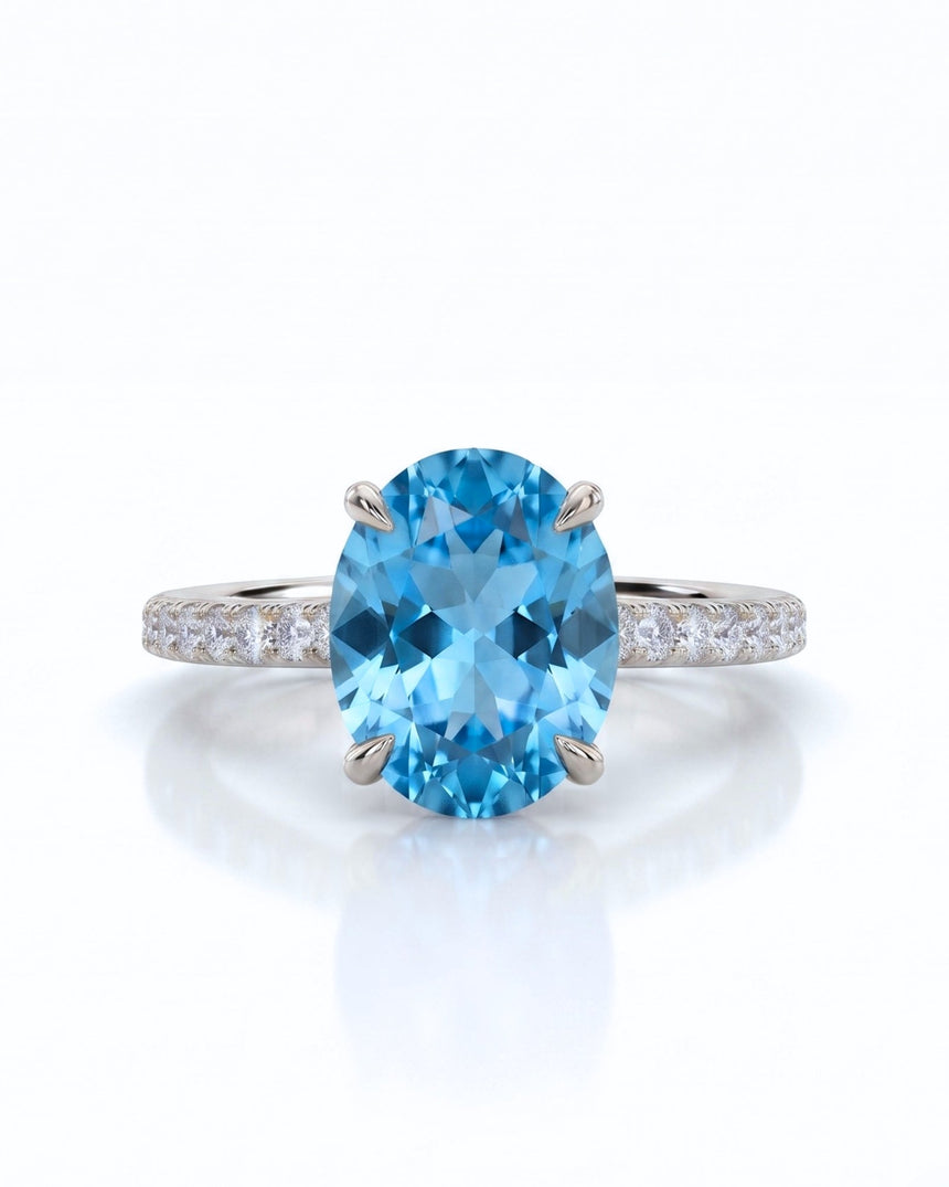 Elaris oval cut Aquamarine pavé solitaire ring setting in Platinum, front view | SARATTI