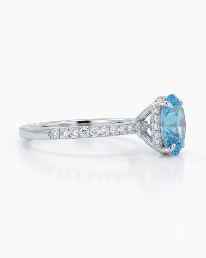 Elaris oval cut Aquamarine pavé solitaire ring setting in Platinum, side profile | SARATTI