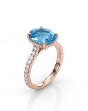 Elaris oval cut Aquamarine pavé solitaire ring setting in Rose Gold, 45-degree view | SARATTI