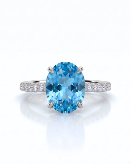 Elaris oval cut Aquamarine pavé solitaire ring setting in White Gold, front view | SARATTI
