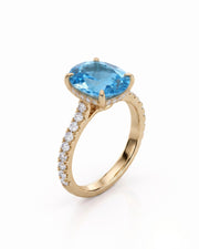 Elaris oval cut Aquamarine pavé solitaire ring setting in Yellow Gold, 45-degree view | SARATTI