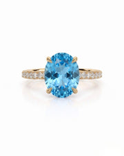 Elaris oval cut Aquamarine pavé solitaire ring setting in Yellow Gold, front view | SARATTI
