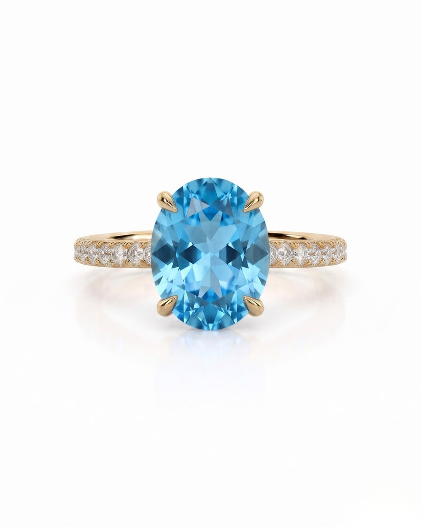 Elaris oval cut Aquamarine pavé solitaire ring setting in Yellow Gold, front view | SARATTI