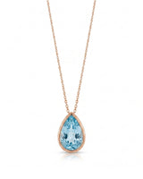 ELLORA pear-cut Aquamarine bezel pendant necklace in Rose Gold, front view | SARATTI