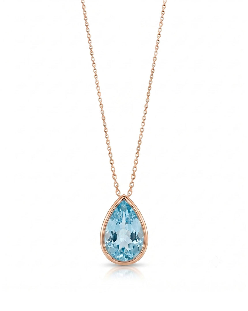 ELLORA pear-cut Aquamarine bezel pendant necklace in Rose Gold, front view | SARATTI