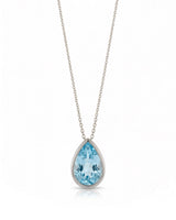 ELLORA pear-cut Aquamarine bezel pendant necklace in White Gold, front view | SARATTI