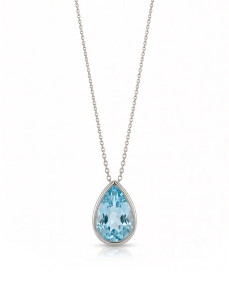 ELLORA pear-cut Aquamarine bezel pendant necklace in White Gold, front view | SARATTI