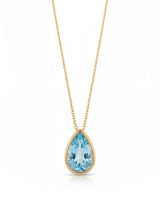 ELLORA pear-cut Aquamarine bezel pendant necklace in Yellow Gold, front view | SARATTI
