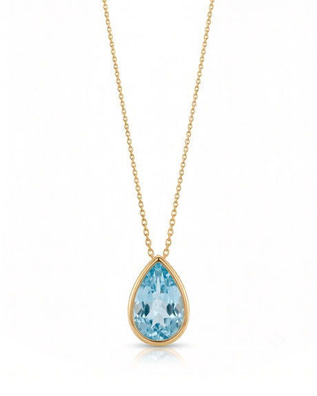 ELLORA pear-cut Aquamarine bezel pendant necklace in Yellow Gold, front view | SARATTI