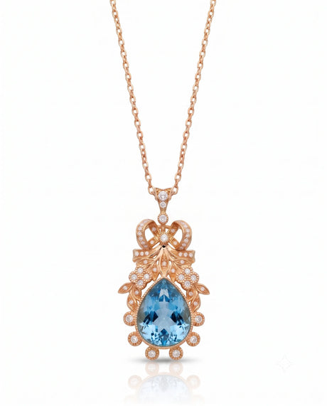 Pear cut Aquamarine vintage floral diamond necklace setting in Rose Gold front view | SARATTI