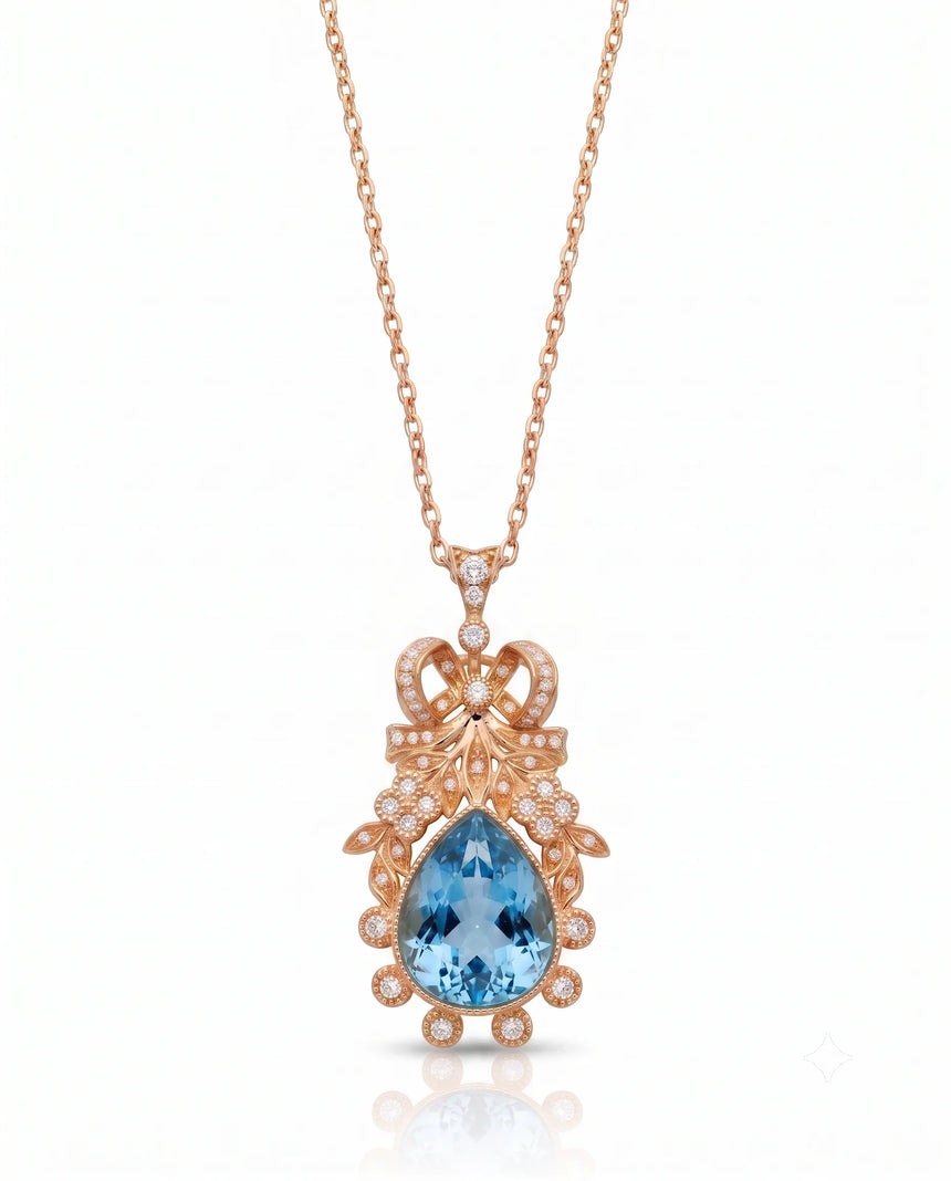Pear cut Aquamarine vintage floral diamond necklace setting in Rose Gold front view | SARATTI