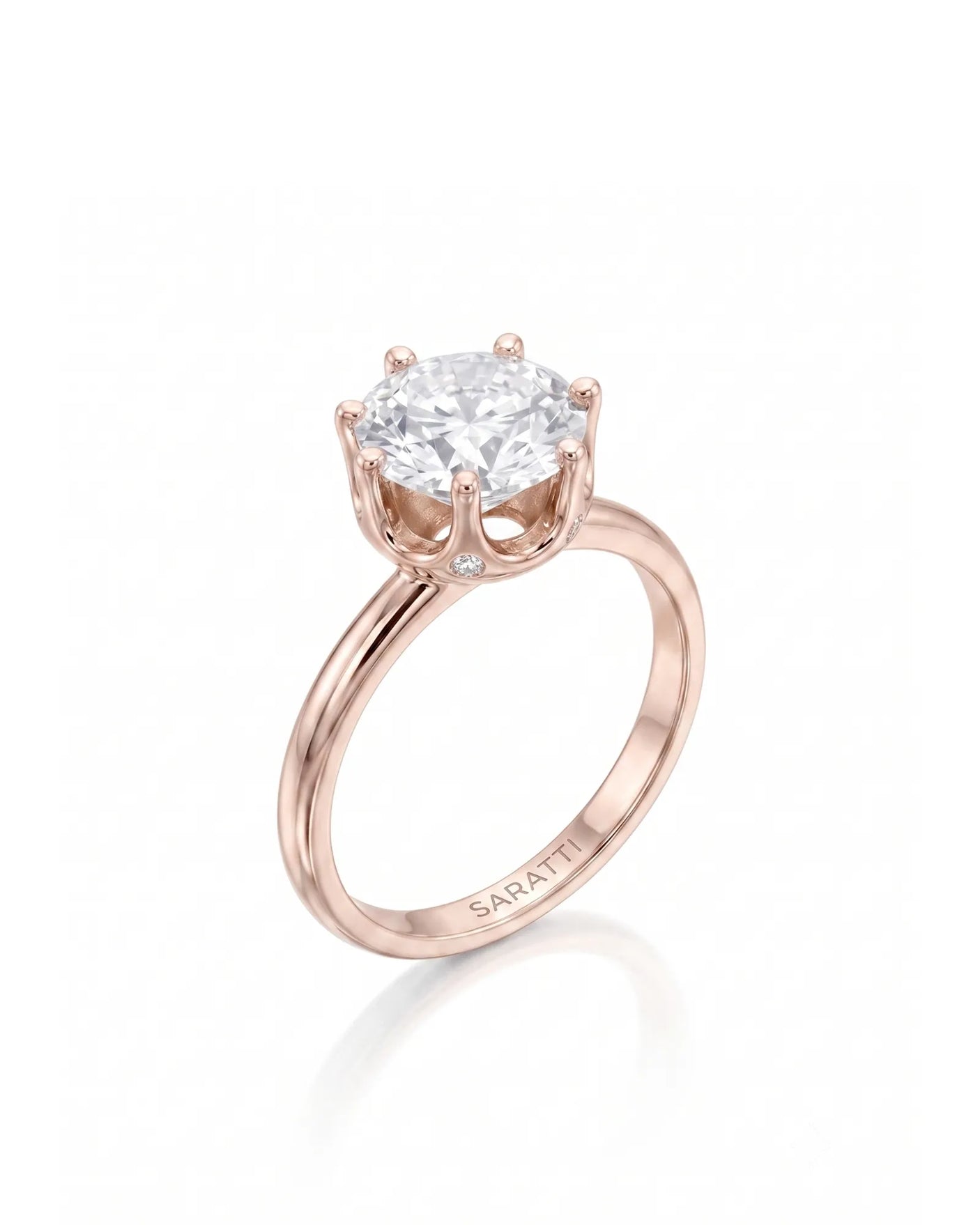 Estelle 1 carat F-colour round natural diamond crown solitaire ring in 18K rose gold, 45-degree hero view | SARATTI