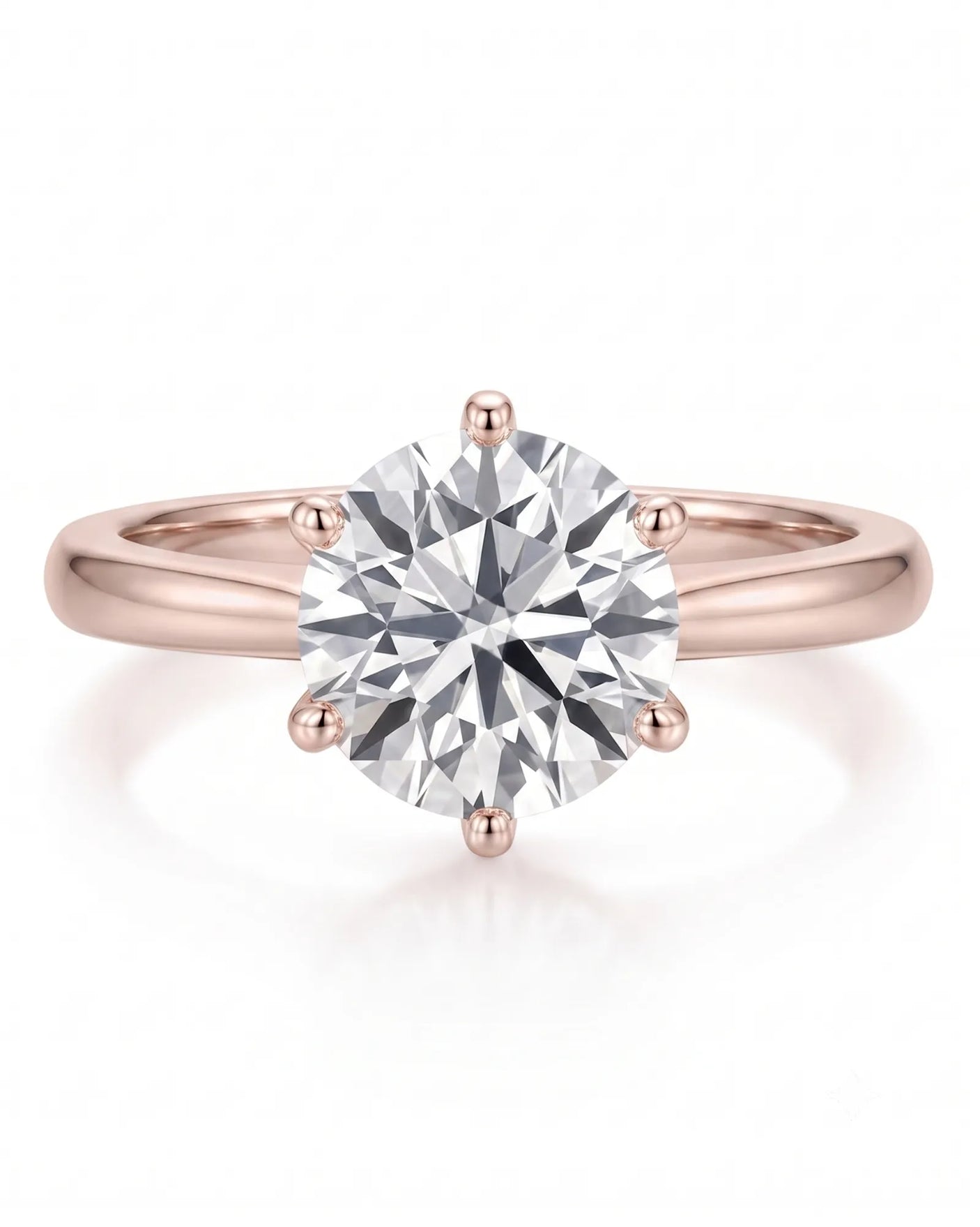 Estelle 1 carat F-colour round natural diamond crown solitaire ring in 18K rose gold, front view of sculpted six-prong crown | SARATTI