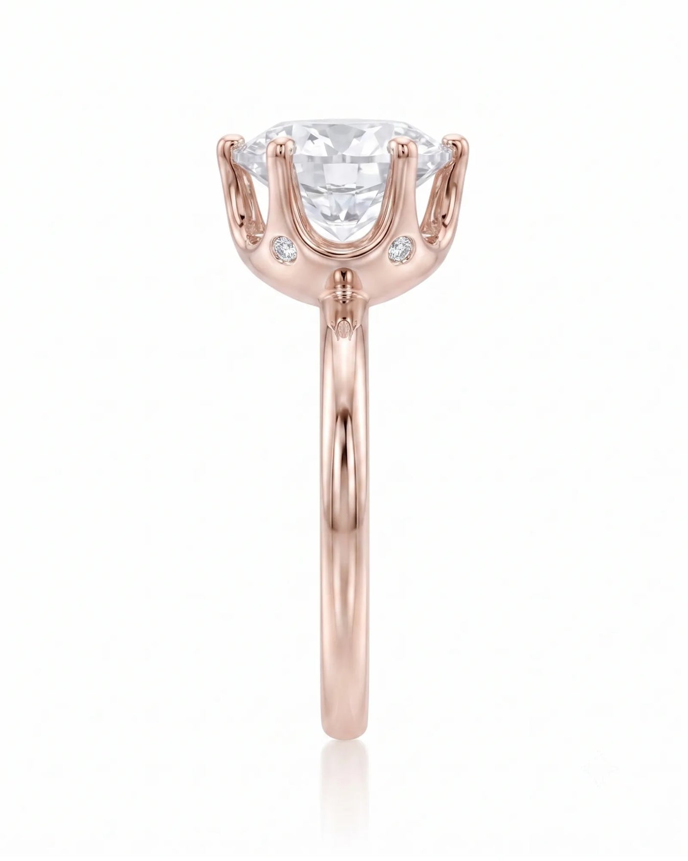 Estelle 1 carat F-colour round natural diamond crown solitaire ring in 18K rose gold, side profile showing raised open crown basket | SARATTI