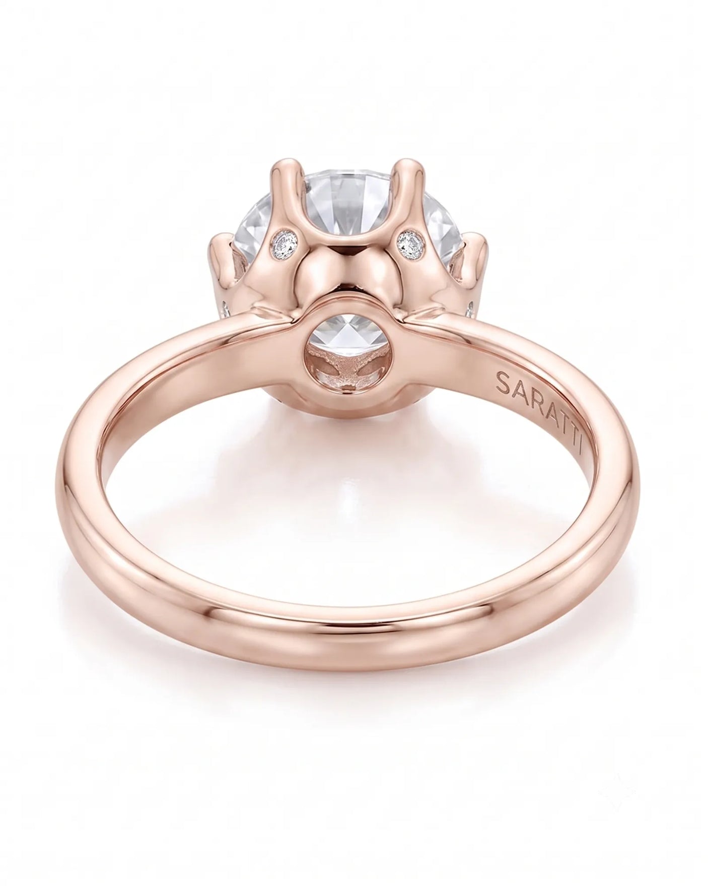 Estelle 1 carat F-colour round natural diamond crown solitaire ring in 18K rose gold, underside view of crown setting | SARATTI