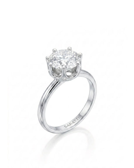 Estelle 1 carat F-colour round natural diamond crown solitaire ring in 18K white gold, 45-degree hero view | SARATTI