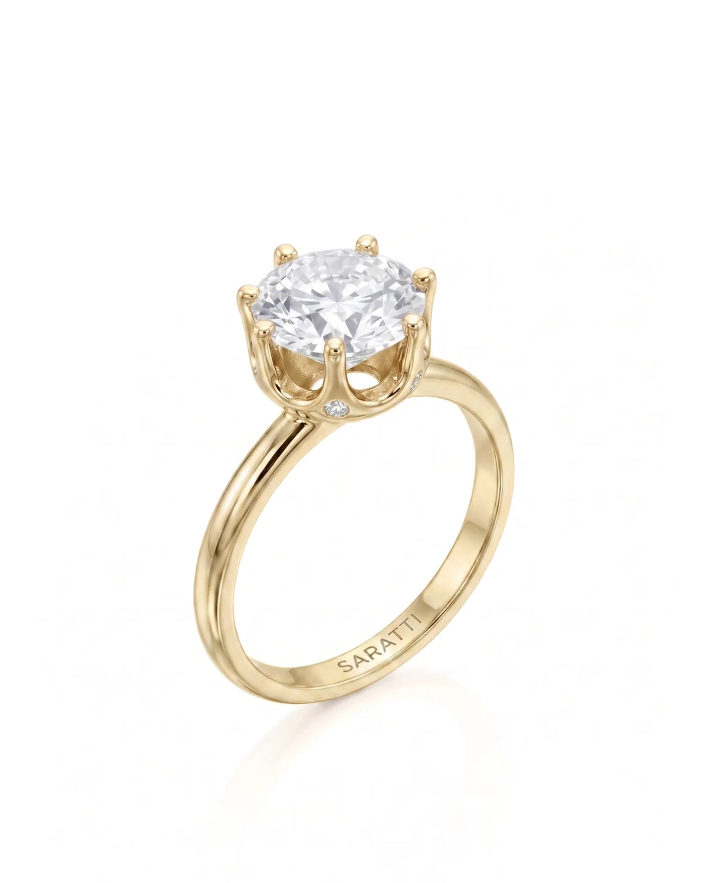Estelle 1 carat F-colour round natural diamond crown solitaire ring in 18K yellow gold, 45-degree hero view | SARATTI