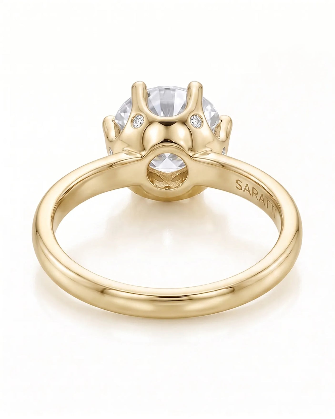 Estelle 1 carat F-colour round natural diamond crown solitaire ring in 18K yellow gold, underside view of crown setting | SARATTI