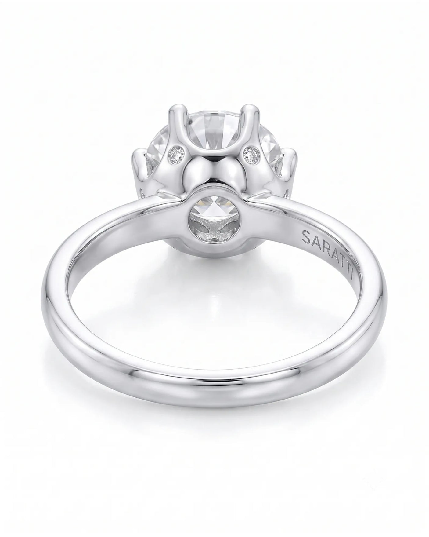 Estelle 1 carat F-colour round natural diamond crown solitaire ring in platinum, underside view of crown setting | SARATTI