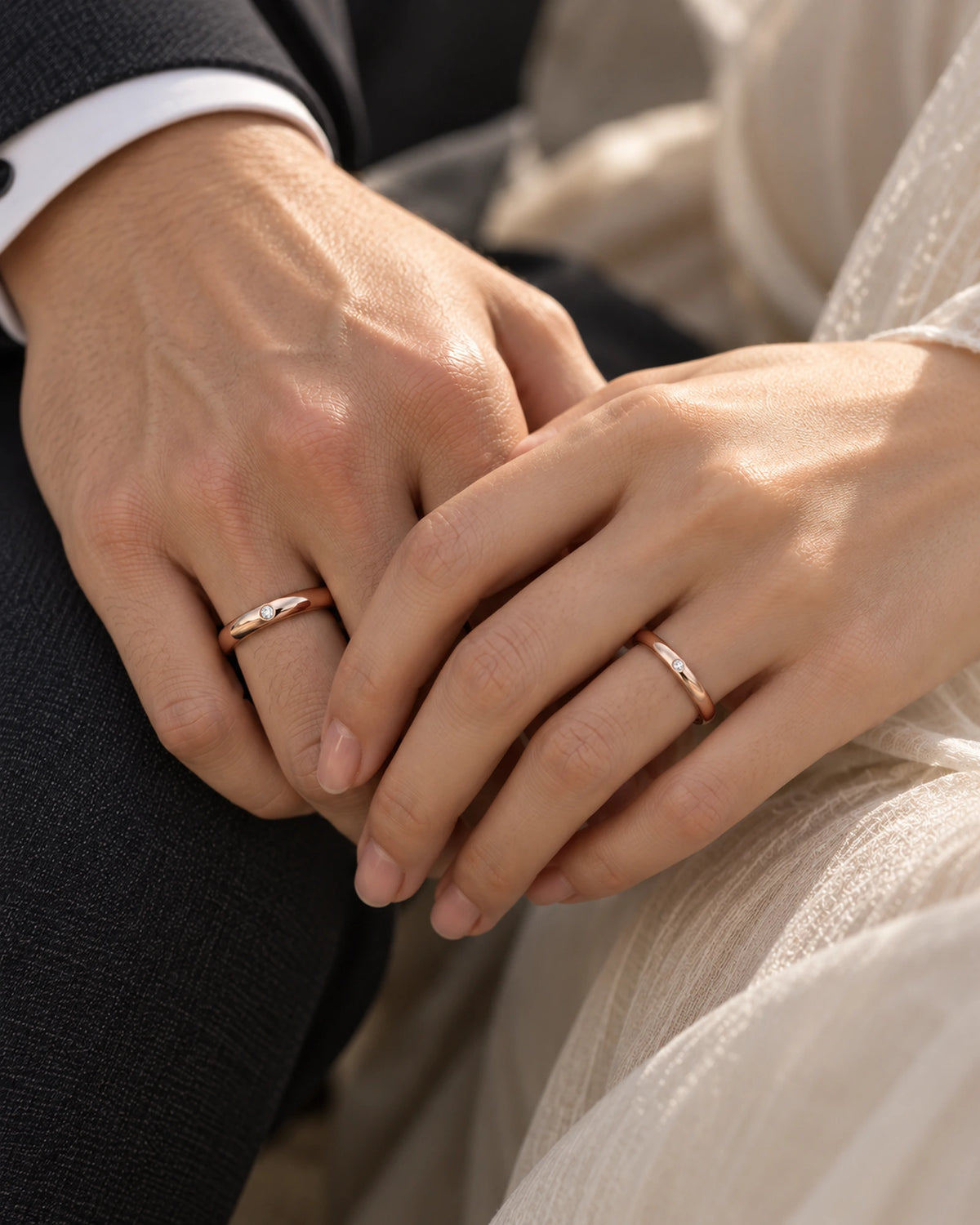 Eterna Diamond Wedding Set in 18K Rose Gold, couple worn view | SARATTI