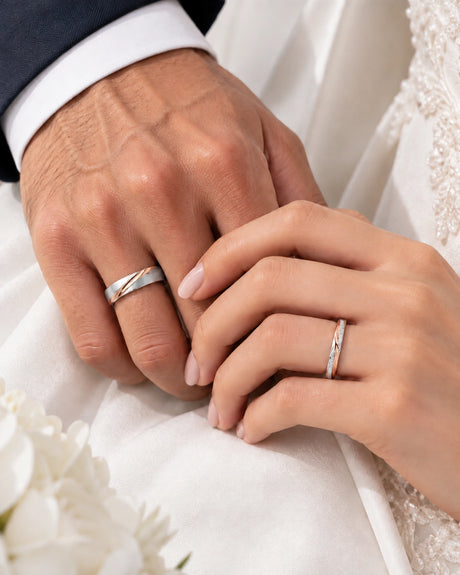 Eternal Harmony Two Tone Wedding Set in 18K Rose & White Gold on Couple | SARATTI
