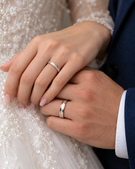 Eternal Waves two-tone wedding ring set in 18K Rose & White Gold, couple worn view | SARATTI