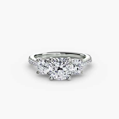 ÉTERNITÉ Cushion Cut three-stone pavé ring setting in White Gold | SARATTI