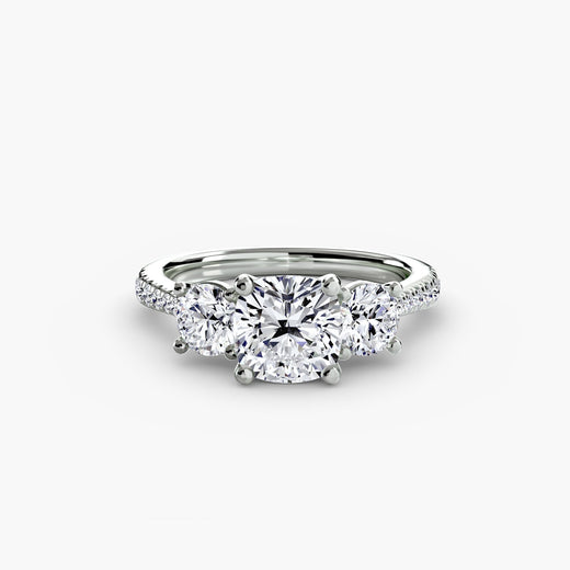 ÉTERNITÉ Cushion Cut three-stone pavé ring setting in White Gold | SARATTI