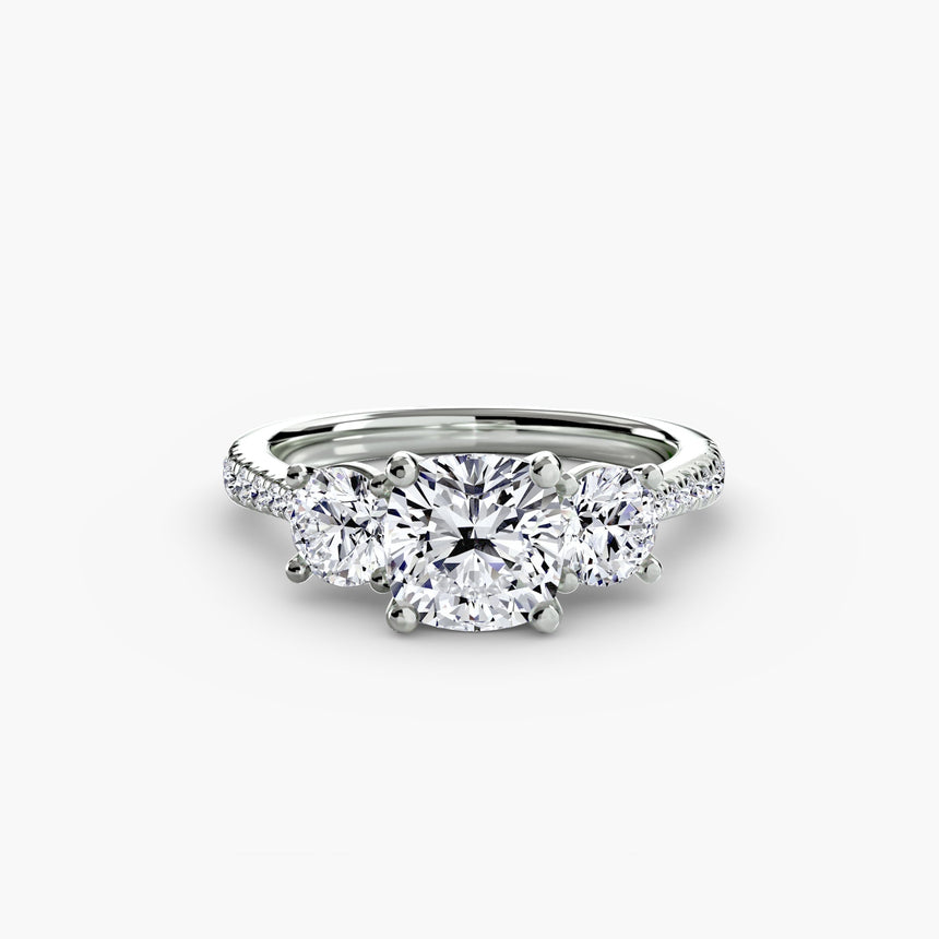 ÉTERNITÉ Cushion Cut three-stone pavé ring setting in White Gold | SARATTI