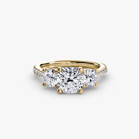 ÉTERNITÉ Cushion Cut three-stone pavé ring setting in Yellow Gold | SARATTI