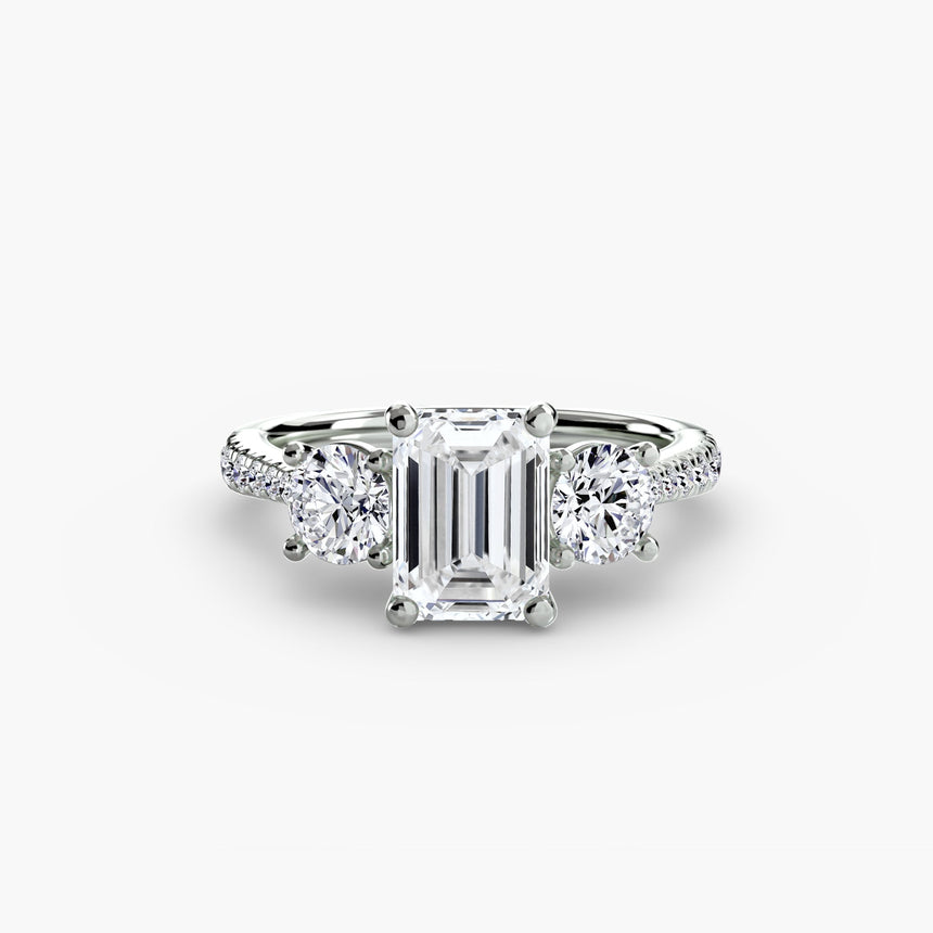ÉTERNITÉ Emerald Cut three-stone pavé diamond ring setting in White Gold | SARATTI