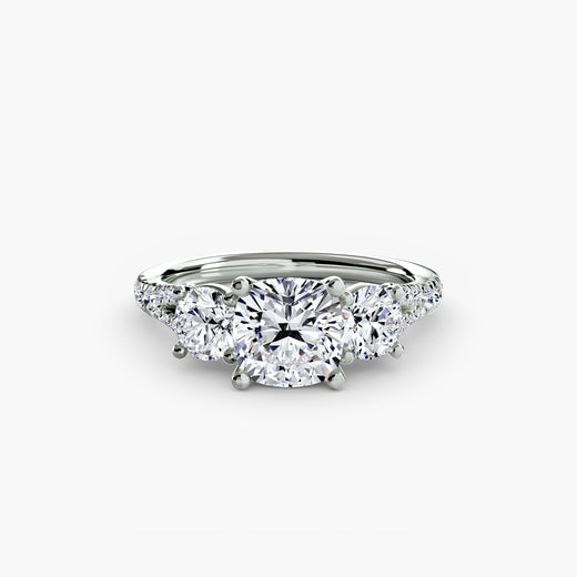 ÉTERNITÉ II Cushion Cut three-stone pavé ring setting in White Gold | SARATTI